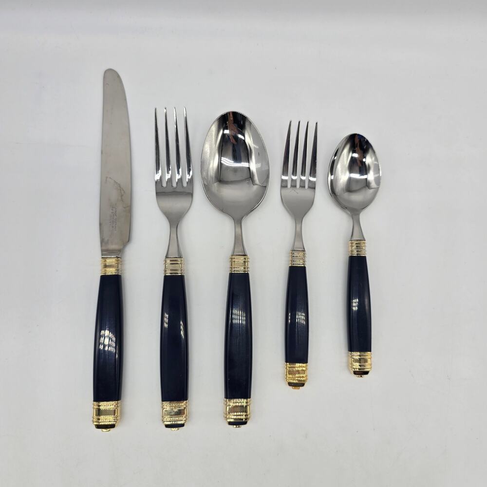 VTG Laslo Mikasa Continental-Navy Gold Stainless Flatware 5 Piece Place Setting